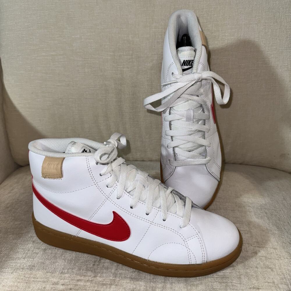 Nike Court Royale 2 Mid Top Lace Up Leather Sz 8 Women White/Red Gum CT1725-101